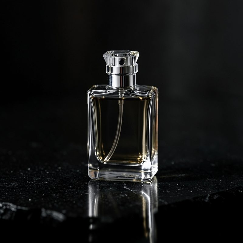 قارورة عطر على سطح داكن بإضاءة هادئة — مثال لمنشور متجر عطور